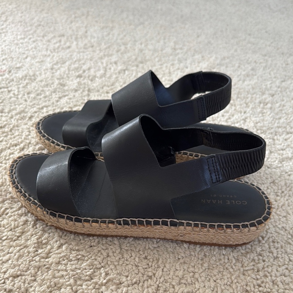 Cole Haan Cloudfeel Black Leather Espadrille Sandals